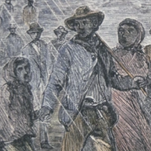 FUGITIVE SLAVES FLEEING FROM THE MARYLAND COAST TO AN UNDERGROUND RAILROAD DEPOT IN DELAWARE," 1850, PETER NEWARK/AMERICAN PICTURES/BRIDGEMAN IMAGES